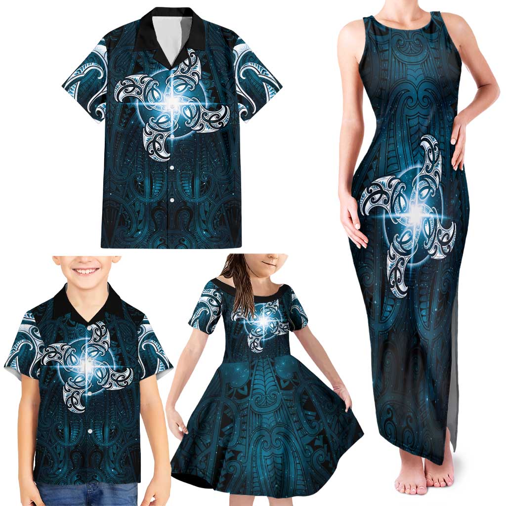 New Zealand Matariki Waita Family Matching Tank Maxi Dress and Hawaiian Shirt Maori Moko Dark Blue Galaxy