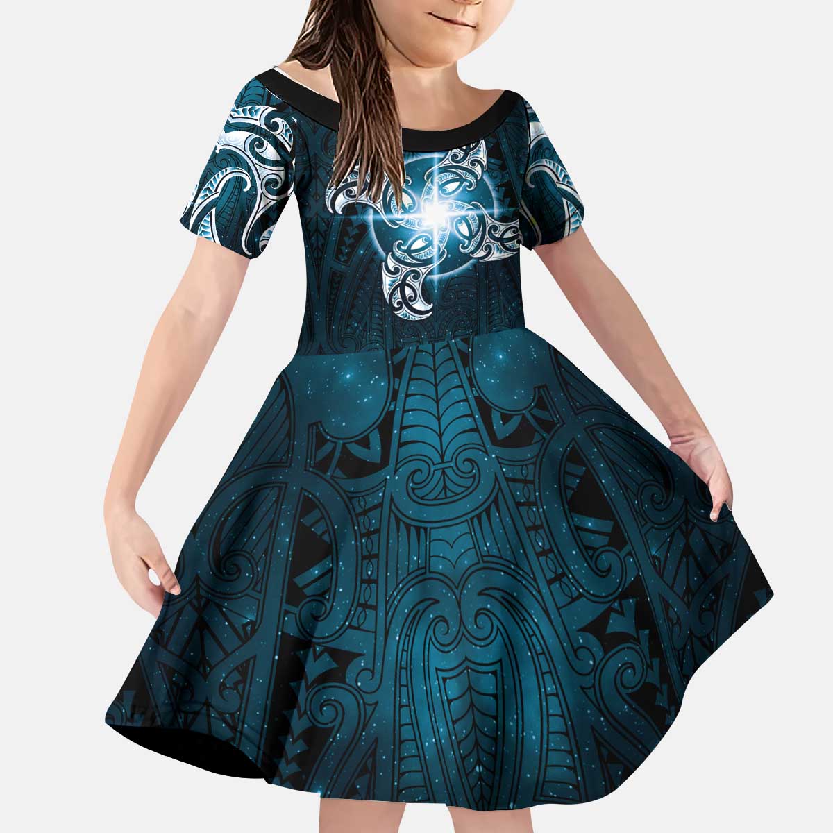 New Zealand Matariki Waita Kid Short Sleeve Dress Maori Moko Dark Blue Galaxy LT05 KID Blue - Polynesian Pride