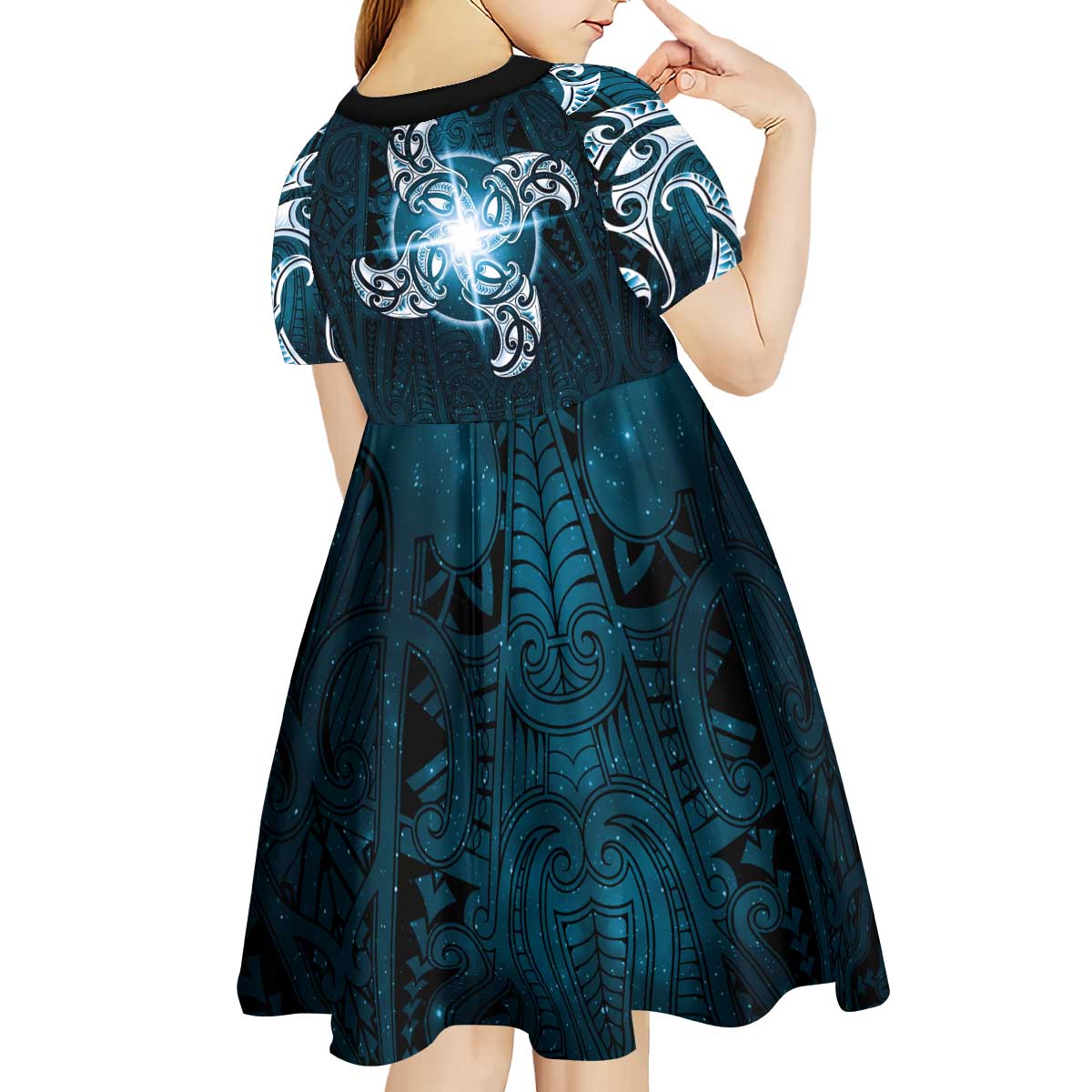 New Zealand Matariki Waita Kid Short Sleeve Dress Maori Moko Dark Blue Galaxy LT05 - Polynesian Pride