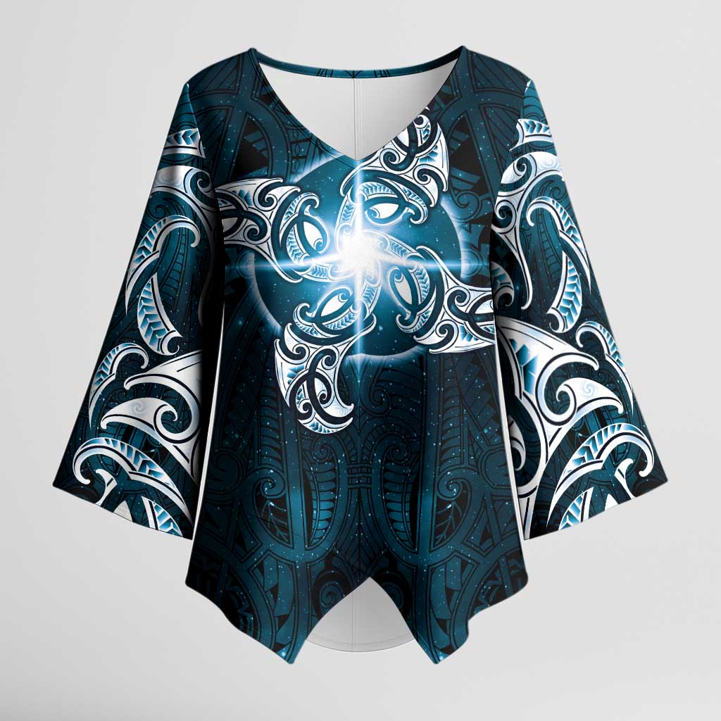 New Zealand Matariki Waita Kimono Sleeve Blouse Maori Moko Dark Blue Galaxy LT05 Female Blue - Polynesian Pride