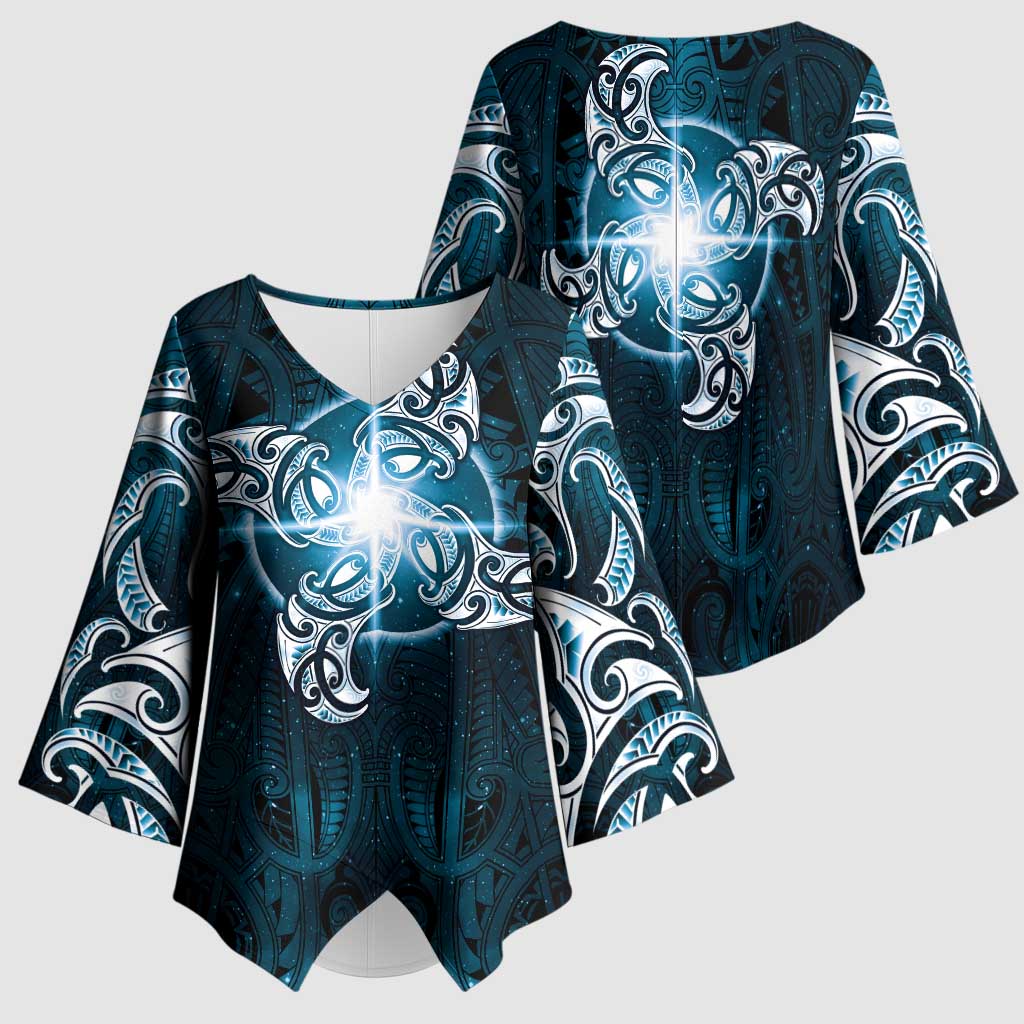 New Zealand Matariki Waita Kimono Sleeve Blouse Maori Moko Dark Blue Galaxy LT05 - Polynesian Pride