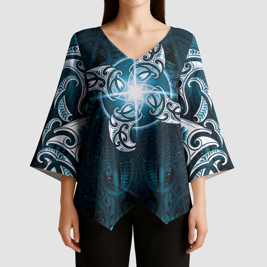 New Zealand Matariki Waita Kimono Sleeve Blouse Maori Moko Dark Blue Galaxy LT05 - Polynesian Pride