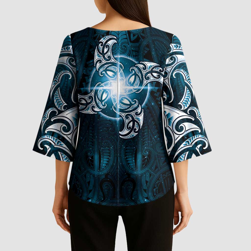 New Zealand Matariki Waita Kimono Sleeve Blouse Maori Moko Dark Blue Galaxy LT05 - Polynesian Pride