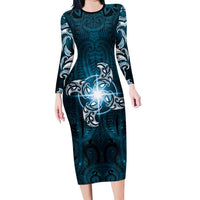 New Zealand Matariki Waita Long Sleeve Bodycon Dress Maori Moko Dark Blue Galaxy