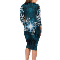 New Zealand Matariki Waita Long Sleeve Bodycon Dress Maori Moko Dark Blue Galaxy