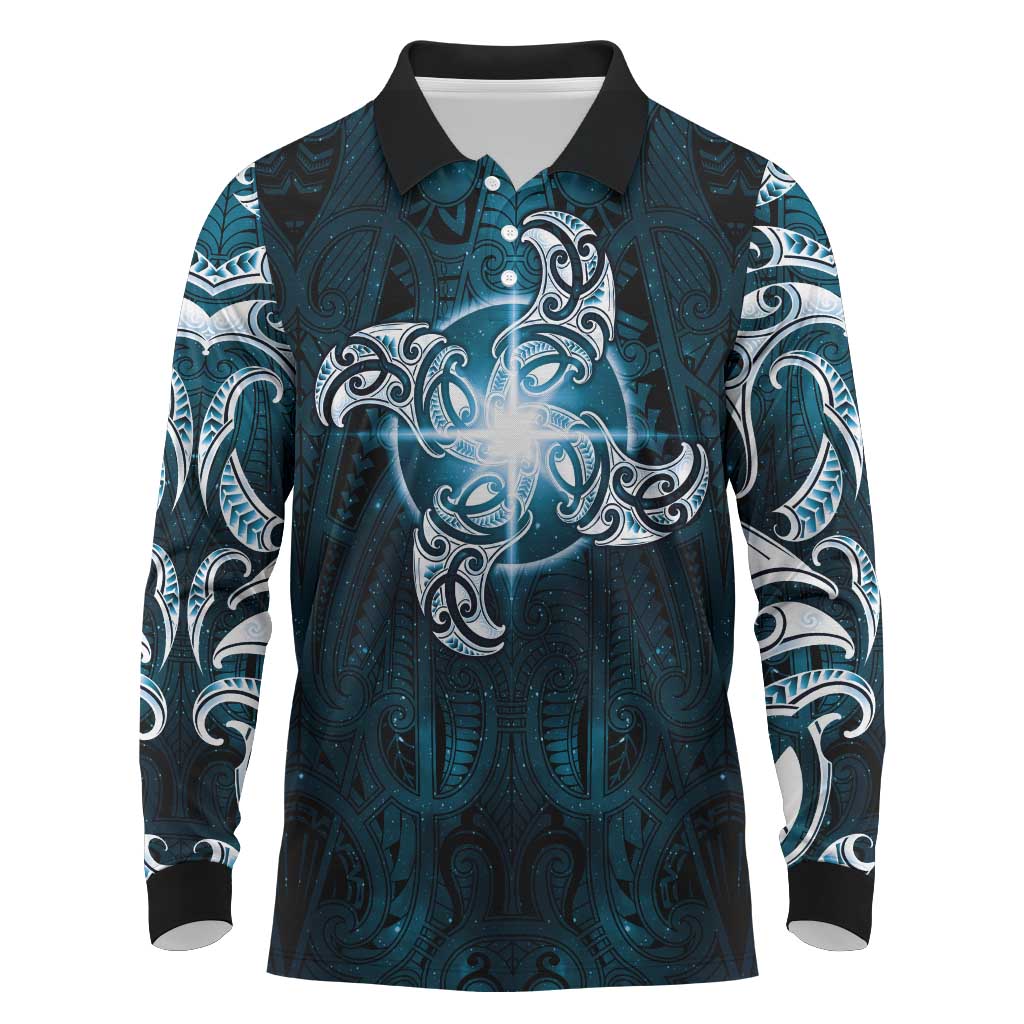 New Zealand Matariki Waita Long Sleeve Polo Shirt Maori Moko Dark Blue Galaxy LT05 Blue - Polynesian Pride