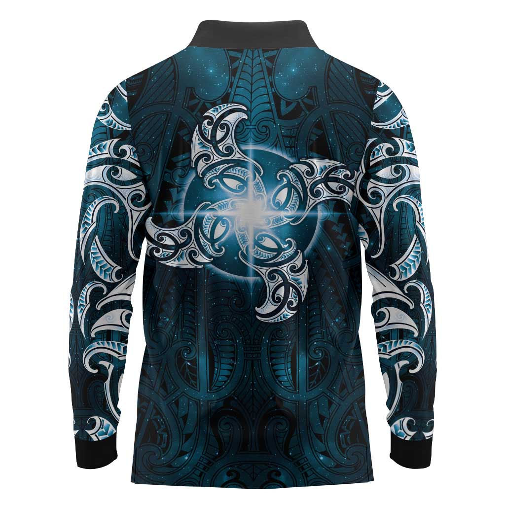 New Zealand Matariki Waita Long Sleeve Polo Shirt Maori Moko Dark Blue Galaxy LT05 - Polynesian Pride