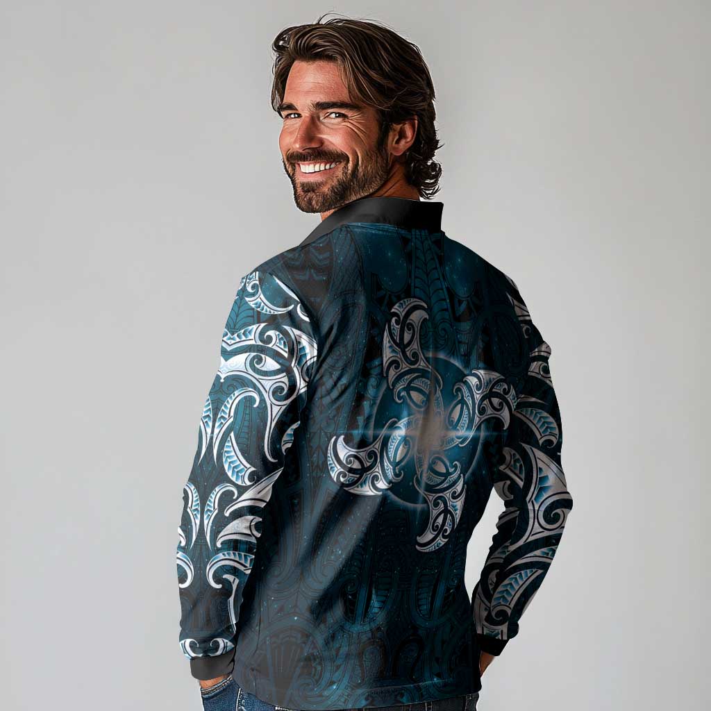 New Zealand Matariki Waita Long Sleeve Polo Shirt Maori Moko Dark Blue Galaxy LT05 - Polynesian Pride
