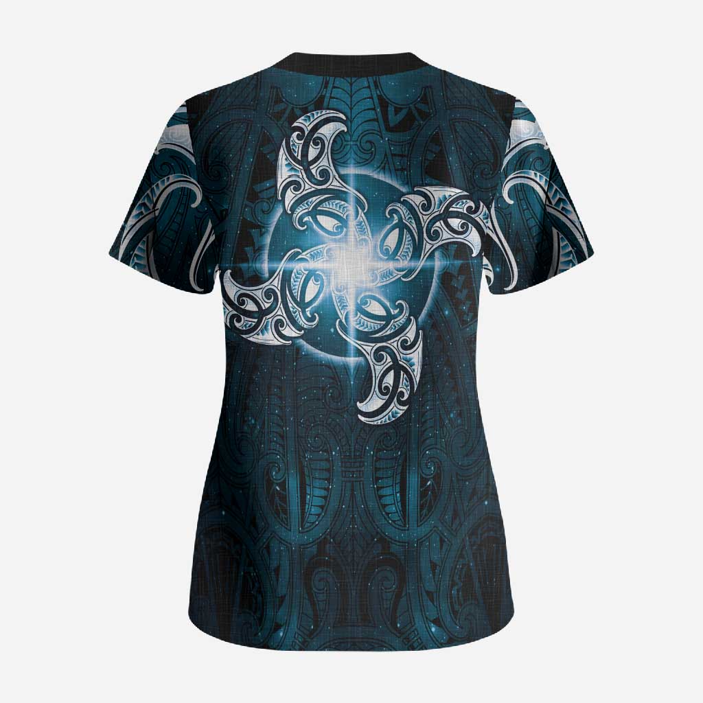 New Zealand Matariki Waita Scrub Top Maori Moko Dark Blue Galaxy