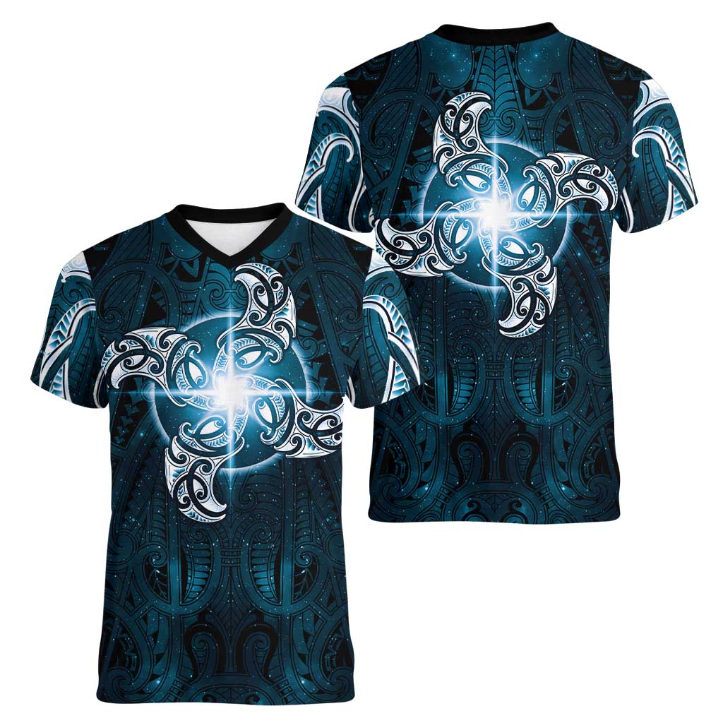 New Zealand Matariki Waita Women V-Neck T-Shirt Maori Moko Dark Blue Galaxy