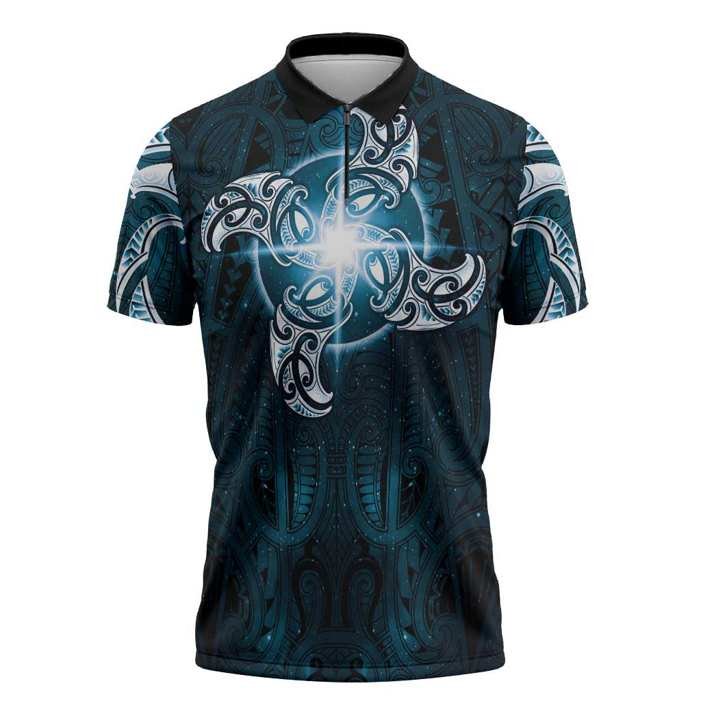 New Zealand Matariki Waita Zipper Polo Shirt Maori Moko Dark Blue Galaxy LT05 Blue - Polynesian Pride