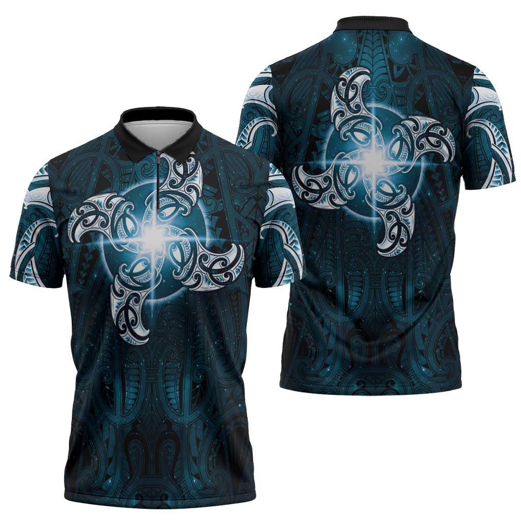 New Zealand Matariki Waita Zipper Polo Shirt Maori Moko Dark Blue Galaxy LT05 - Polynesian Pride