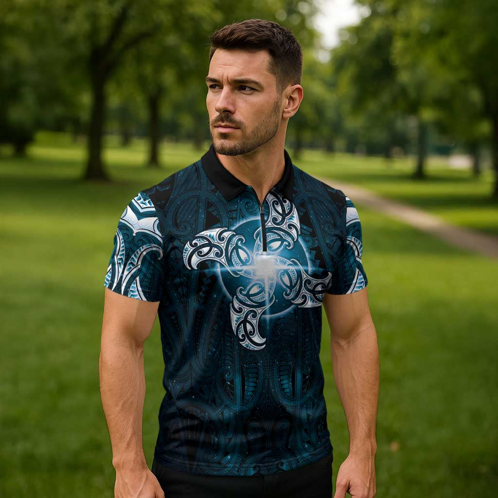 New Zealand Matariki Waita Zipper Polo Shirt Maori Moko Dark Blue Galaxy LT05 - Polynesian Pride