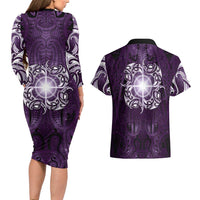 New Zealand Matariki Waipunarangi Couples Matching Long Sleeve Bodycon Dress and Hawaiian Shirt Maori Moko Purple Galaxy
