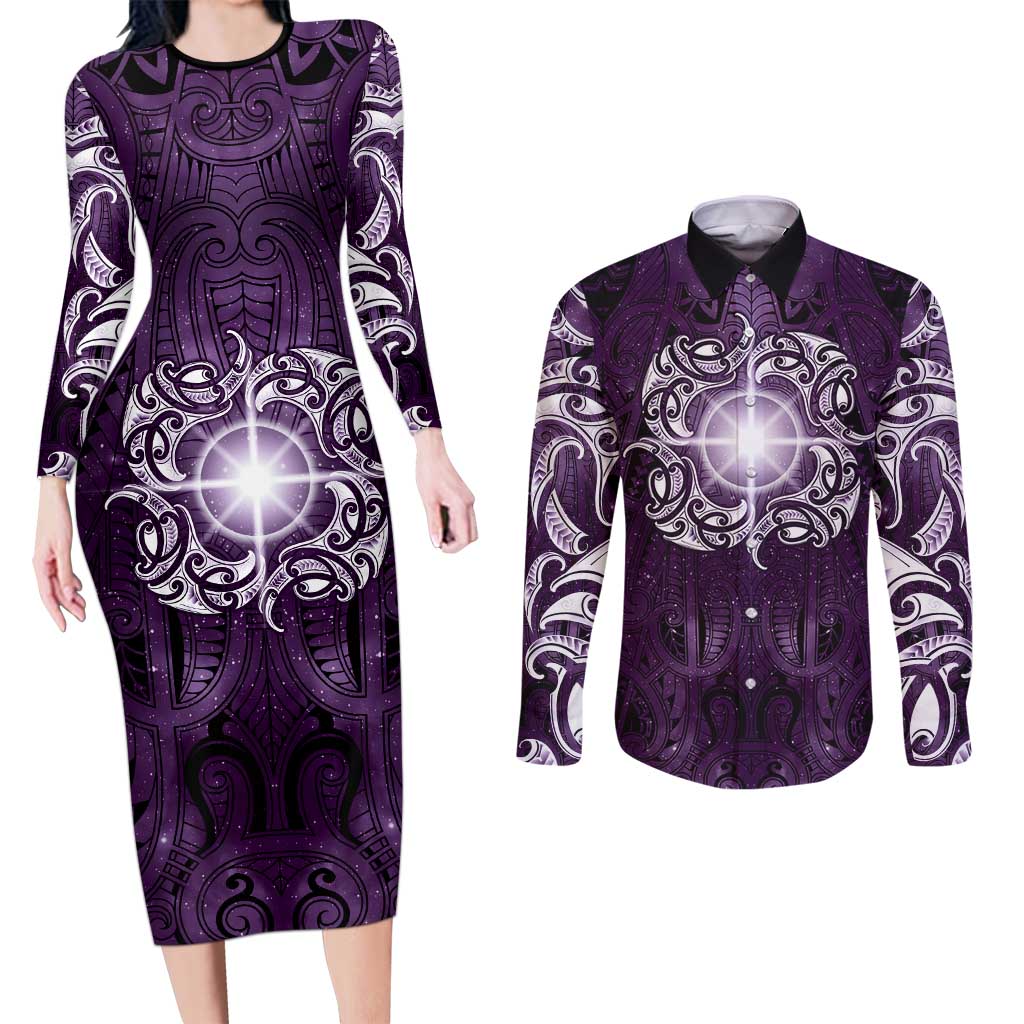 New Zealand Matariki Waipunarangi Couples Matching Long Sleeve Bodycon Dress and Long Sleeve Button Shirt Maori Moko Purple Galaxy