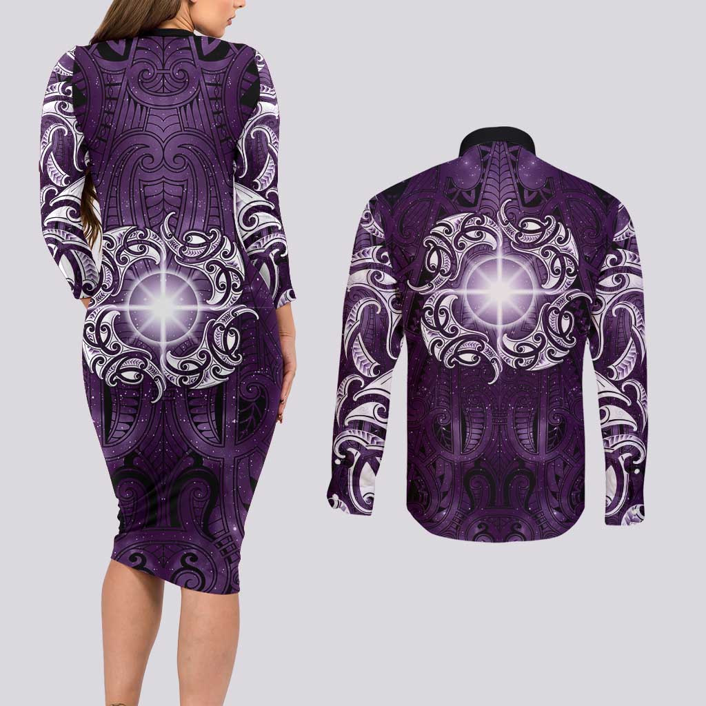 New Zealand Matariki Waipunarangi Couples Matching Long Sleeve Bodycon Dress and Long Sleeve Button Shirt Maori Moko Purple Galaxy
