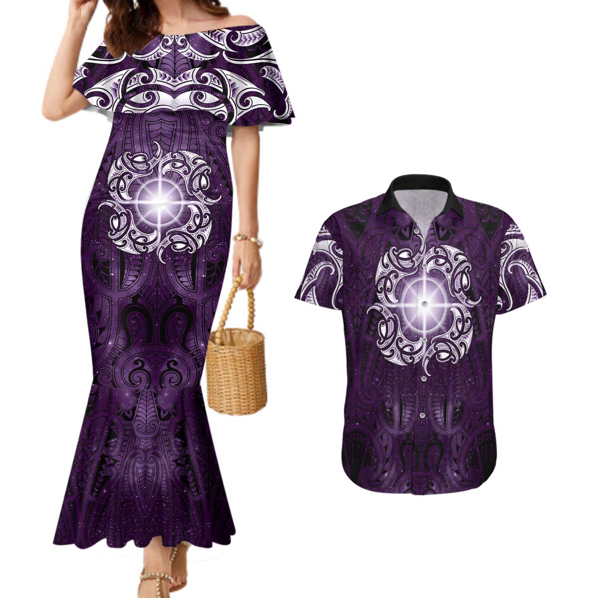 New Zealand Matariki Waipunarangi Couples Matching Mermaid Dress and Hawaiian Shirt Maori Moko Purple Galaxy