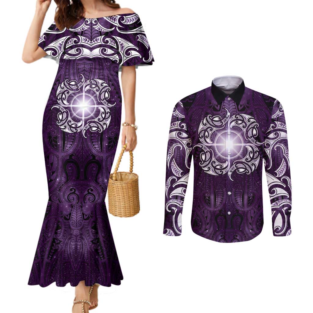 New Zealand Matariki Waipunarangi Couples Matching Mermaid Dress and Long Sleeve Button Shirt Maori Moko Purple Galaxy
