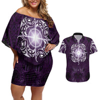 New Zealand Matariki Waipunarangi Couples Matching Off Shoulder Short Dress and Hawaiian Shirt Maori Moko Purple Galaxy