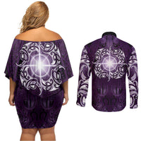 New Zealand Matariki Waipunarangi Couples Matching Off Shoulder Short Dress and Long Sleeve Button Shirt Maori Moko Purple Galaxy