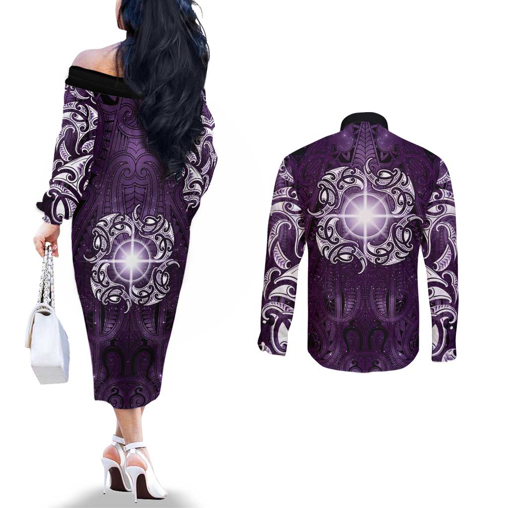 New Zealand Matariki Waipunarangi Couples Matching Off The Shoulder Long Sleeve Dress and Long Sleeve Button Shirt Maori Moko Purple Galaxy