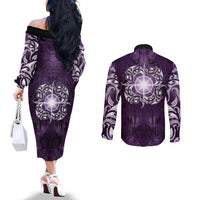 New Zealand Matariki Waipunarangi Couples Matching Off The Shoulder Long Sleeve Dress and Long Sleeve Button Shirt Maori Moko Purple Galaxy