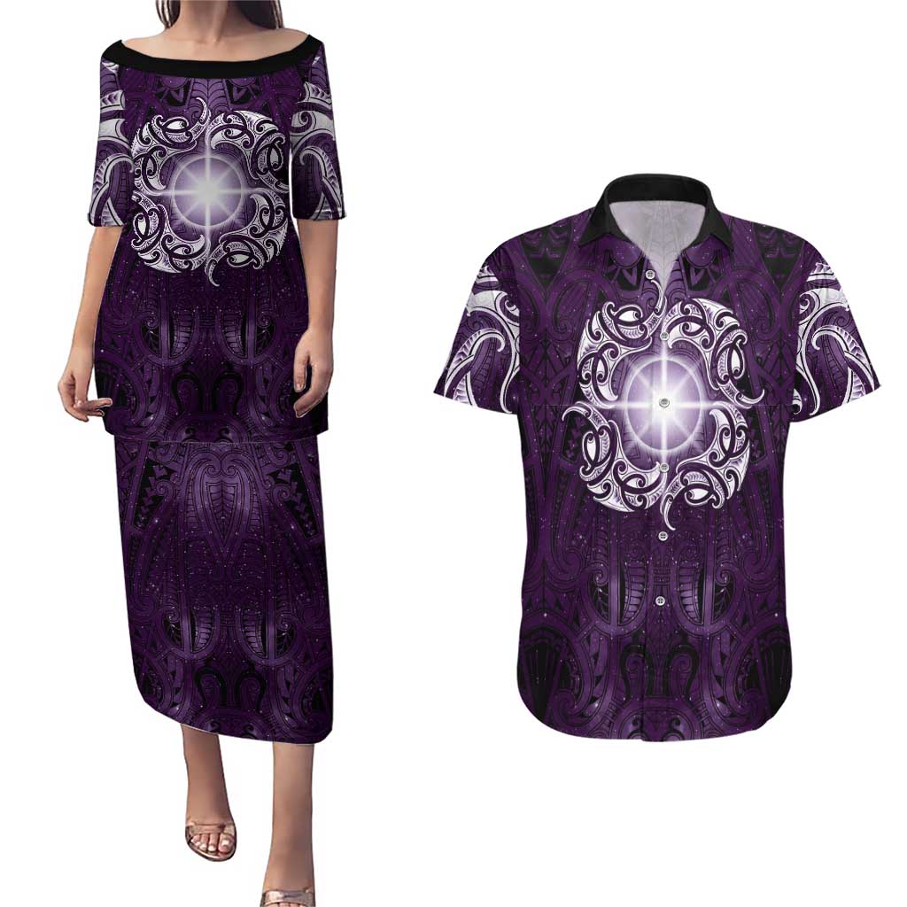 New Zealand Matariki Waipunarangi Couples Matching Puletasi and Hawaiian Shirt Maori Moko Purple Galaxy