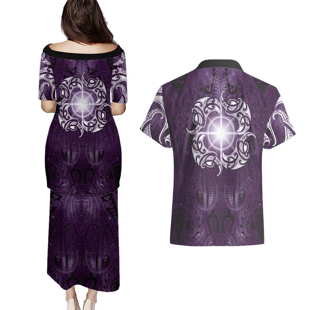 New Zealand Matariki Waipunarangi Couples Matching Puletasi and Hawaiian Shirt Maori Moko Purple Galaxy