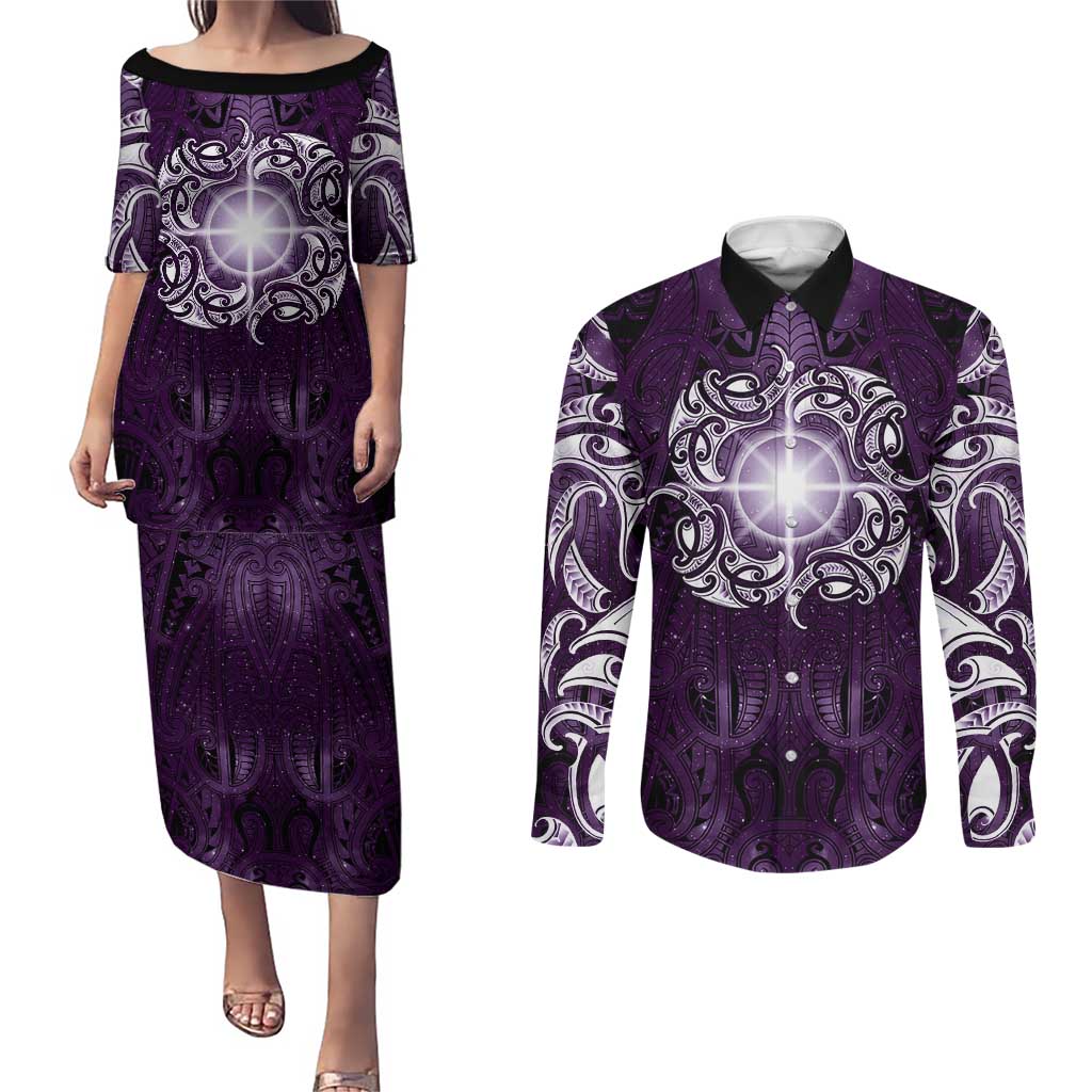 New Zealand Matariki Waipunarangi Couples Matching Puletasi and Long Sleeve Button Shirt Maori Moko Purple Galaxy