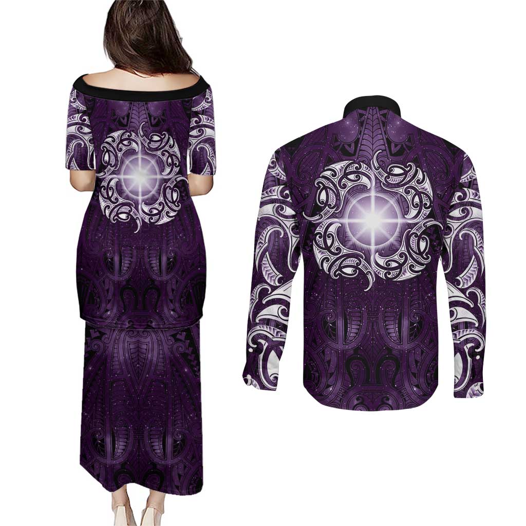 New Zealand Matariki Waipunarangi Couples Matching Puletasi and Long Sleeve Button Shirt Maori Moko Purple Galaxy