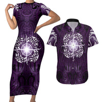 New Zealand Matariki Waipunarangi Couples Matching Short Sleeve Bodycon Dress and Hawaiian Shirt Maori Moko Purple Galaxy