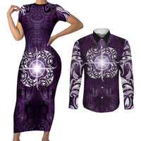 New Zealand Matariki Waipunarangi Couples Matching Short Sleeve Bodycon Dress and Long Sleeve Button Shirt Maori Moko Purple Galaxy