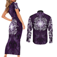 New Zealand Matariki Waipunarangi Couples Matching Short Sleeve Bodycon Dress and Long Sleeve Button Shirt Maori Moko Purple Galaxy
