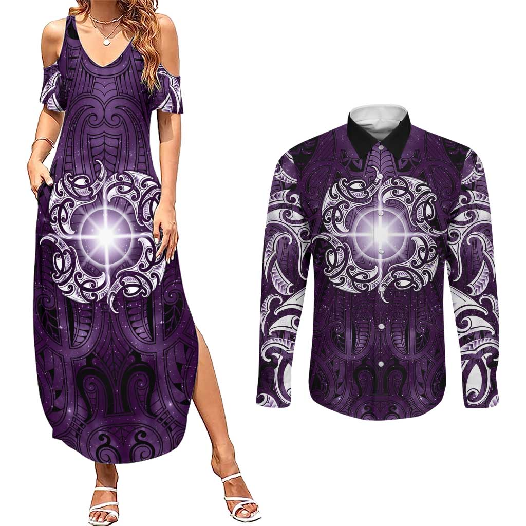 New Zealand Matariki Waipunarangi Couples Matching Summer Maxi Dress and Long Sleeve Button Shirt Maori Moko Purple Galaxy