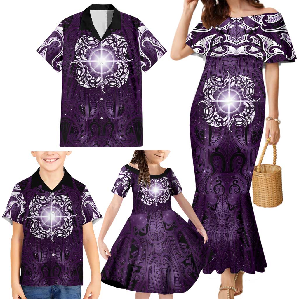 New Zealand Matariki Waipunarangi Family Matching Mermaid Dress and Hawaiian Shirt Maori Moko Purple Galaxy LT05 - Polynesian Pride