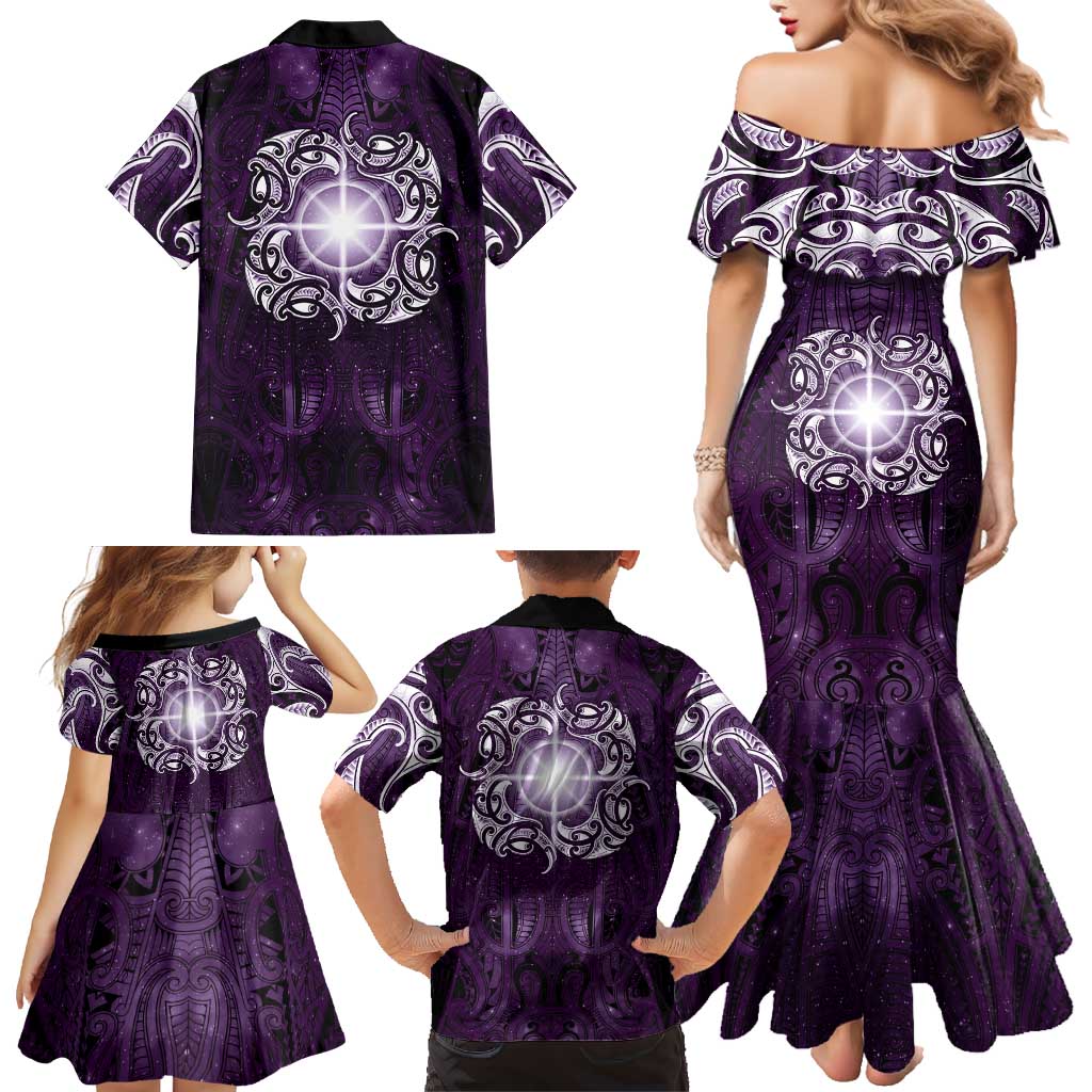 New Zealand Matariki Waipunarangi Family Matching Mermaid Dress and Hawaiian Shirt Maori Moko Purple Galaxy LT05 - Polynesian Pride