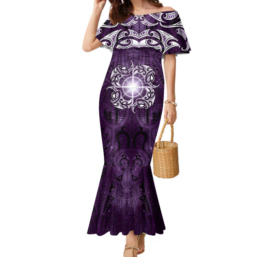 New Zealand Matariki Waipunarangi Family Matching Mermaid Dress and Hawaiian Shirt Maori Moko Purple Galaxy LT05 Mom's Dress Purple - Polynesian Pride