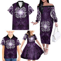 New Zealand Matariki Waipunarangi Family Matching Off The Shoulder Long Sleeve Dress and Hawaiian Shirt Maori Moko Purple Galaxy