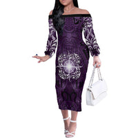 New Zealand Matariki Waipunarangi Family Matching Off The Shoulder Long Sleeve Dress and Hawaiian Shirt Maori Moko Purple Galaxy