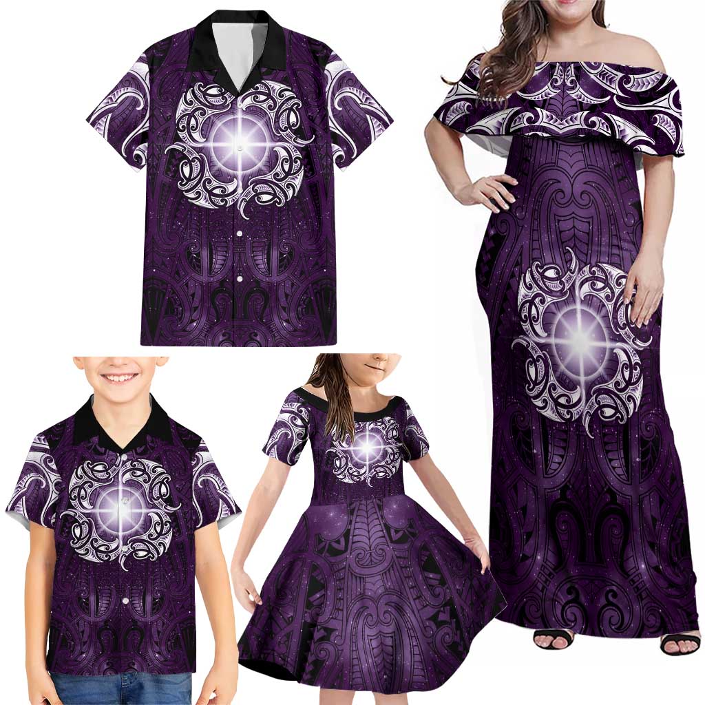 New Zealand Matariki Waipunarangi Family Matching Off Shoulder Maxi Dress and Hawaiian Shirt Maori Moko Purple Galaxy