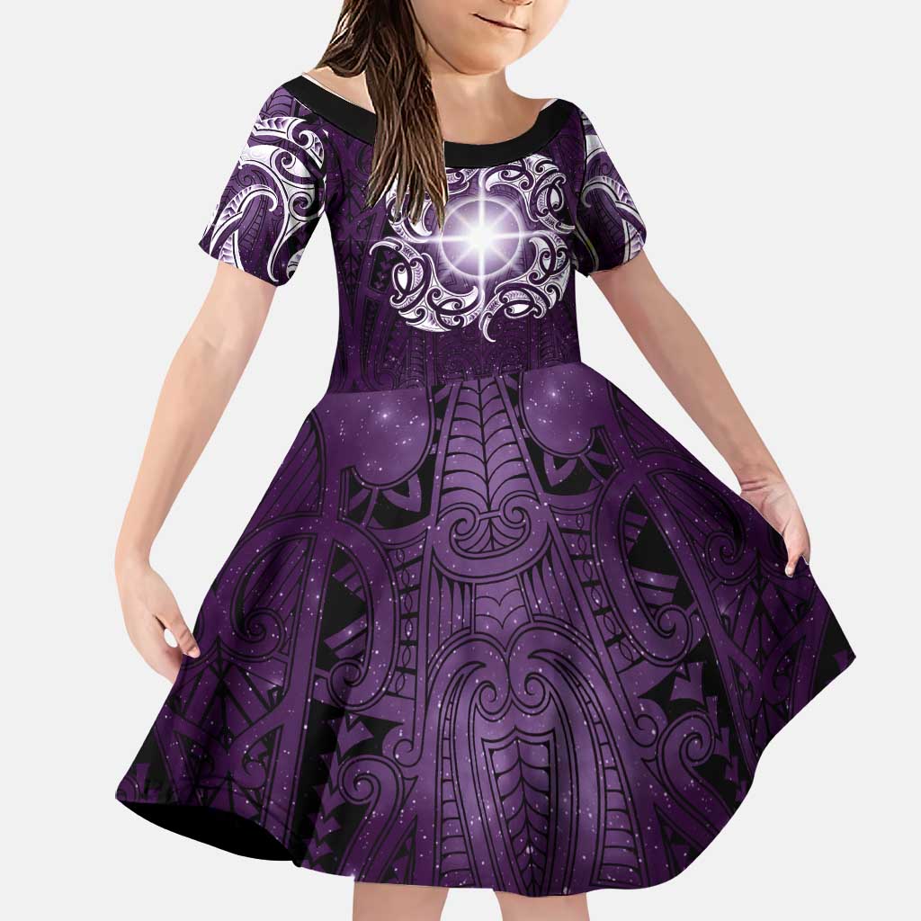 New Zealand Matariki Waipunarangi Family Matching Puletasi and Hawaiian Shirt Maori Moko Purple Galaxy LT05 Daughter's Dress Purple - Polynesian Pride