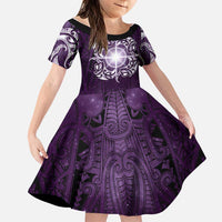 New Zealand Matariki Waipunarangi Family Matching Puletasi and Hawaiian Shirt Maori Moko Purple Galaxy LT05 Daughter's Dress Purple - Polynesian Pride