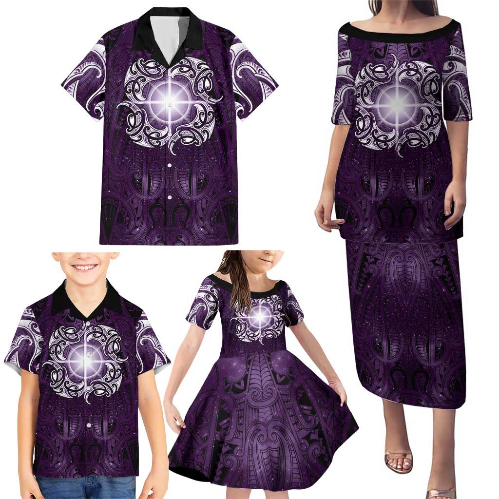 New Zealand Matariki Waipunarangi Family Matching Puletasi and Hawaiian Shirt Maori Moko Purple Galaxy LT05 - Polynesian Pride
