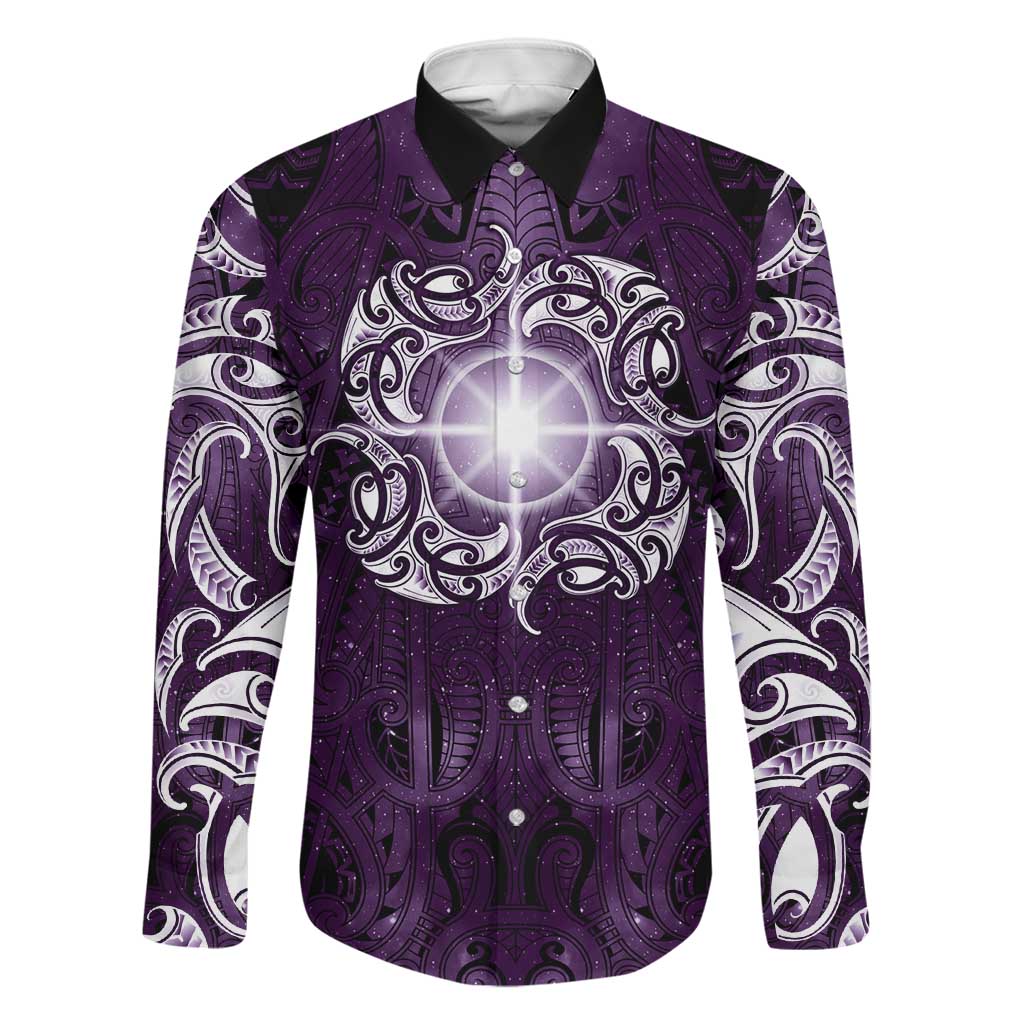 New Zealand Matariki Waipunarangi Family Matching Puletasi and Hawaiian Shirt Maori Moko Purple Galaxy LT05 Dad's Shirt - Long Sleeve Purple - Polynesian Pride