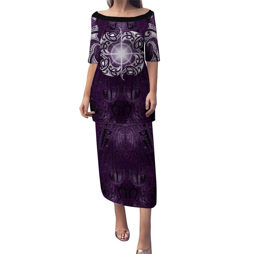 New Zealand Matariki Waipunarangi Family Matching Puletasi and Hawaiian Shirt Maori Moko Purple Galaxy LT05 Mom's Dress Purple - Polynesian Pride