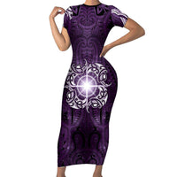 New Zealand Matariki Waipunarangi Family Matching Short Sleeve Bodycon Dress and Hawaiian Shirt Maori Moko Purple Galaxy