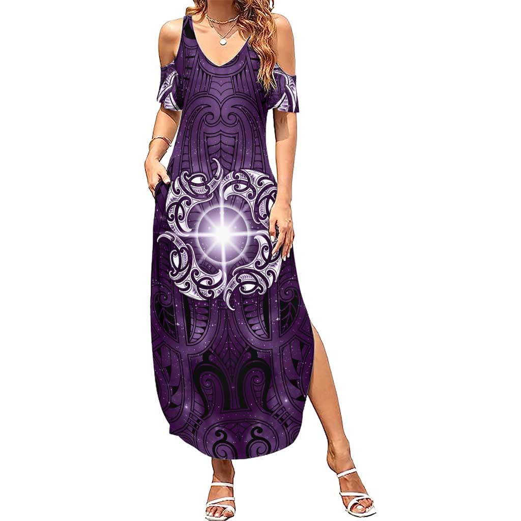 New Zealand Matariki Waipunarangi Family Matching Summer Maxi Dress and Hawaiian Shirt Maori Moko Purple Galaxy