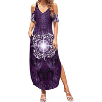 New Zealand Matariki Waipunarangi Family Matching Summer Maxi Dress and Hawaiian Shirt Maori Moko Purple Galaxy