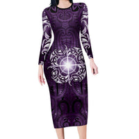New Zealand Matariki Waipunarangi Long Sleeve Bodycon Dress Maori Moko Purple Galaxy