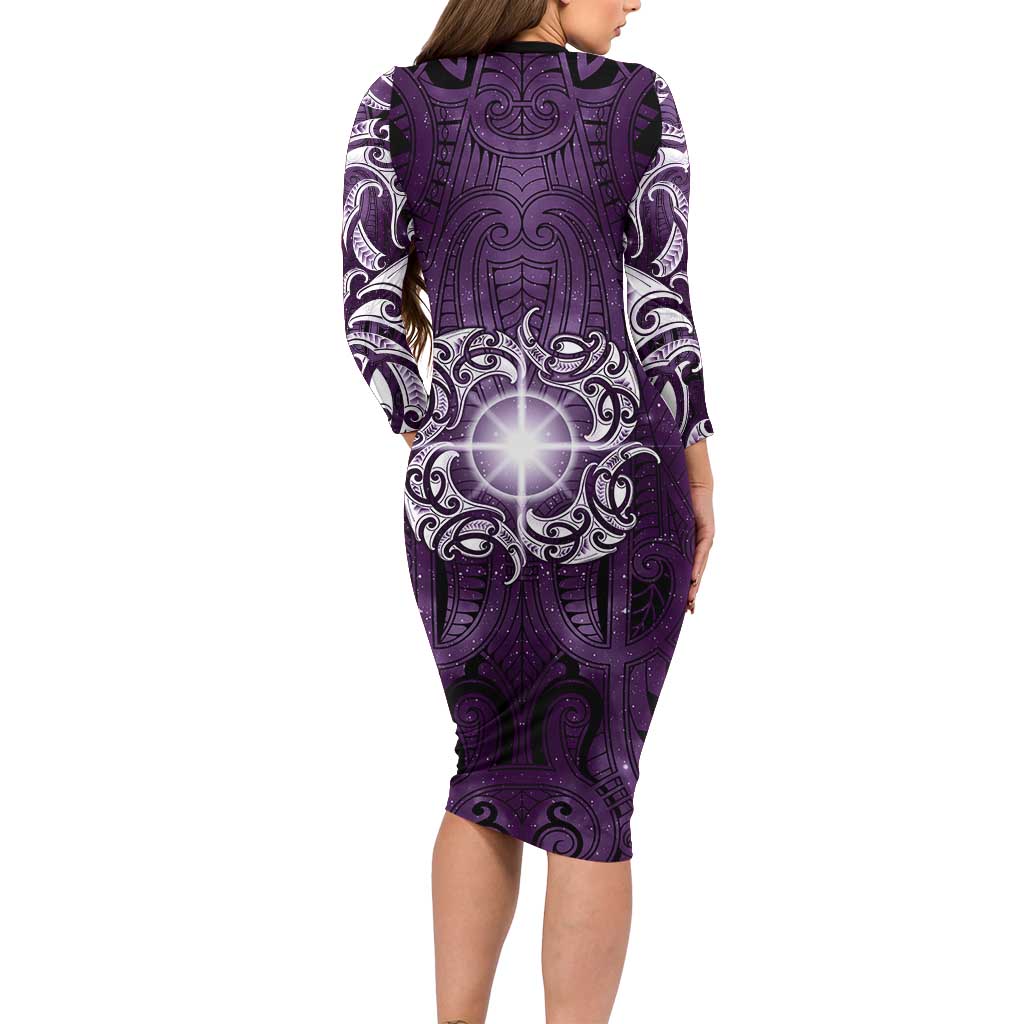 New Zealand Matariki Waipunarangi Long Sleeve Bodycon Dress Maori Moko Purple Galaxy